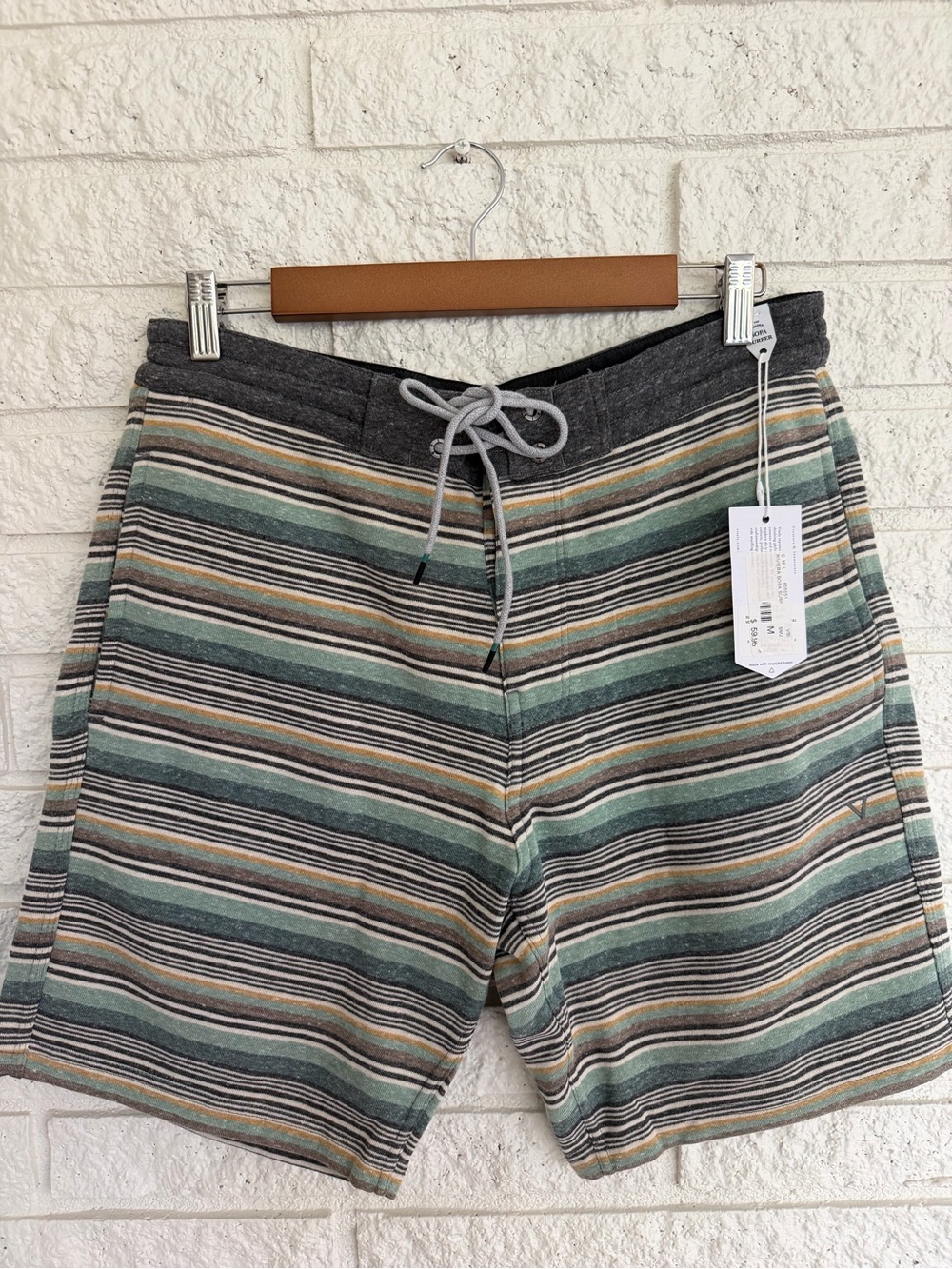 VISSLA Men's Striped Fleece Sofa Surfer Shorts in Gray, Sage & Tan